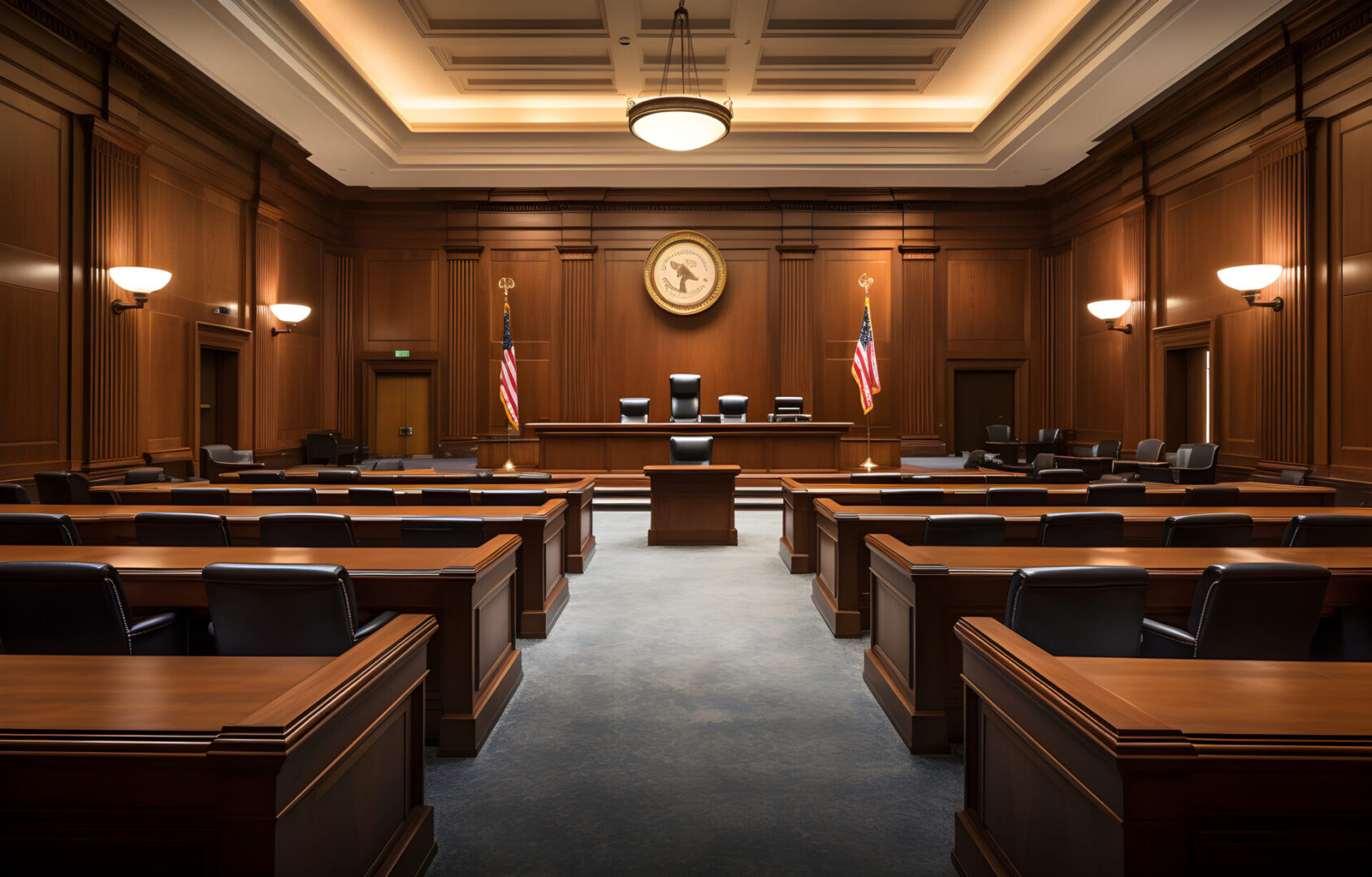 A courtroom with many empty chairs and a clock.